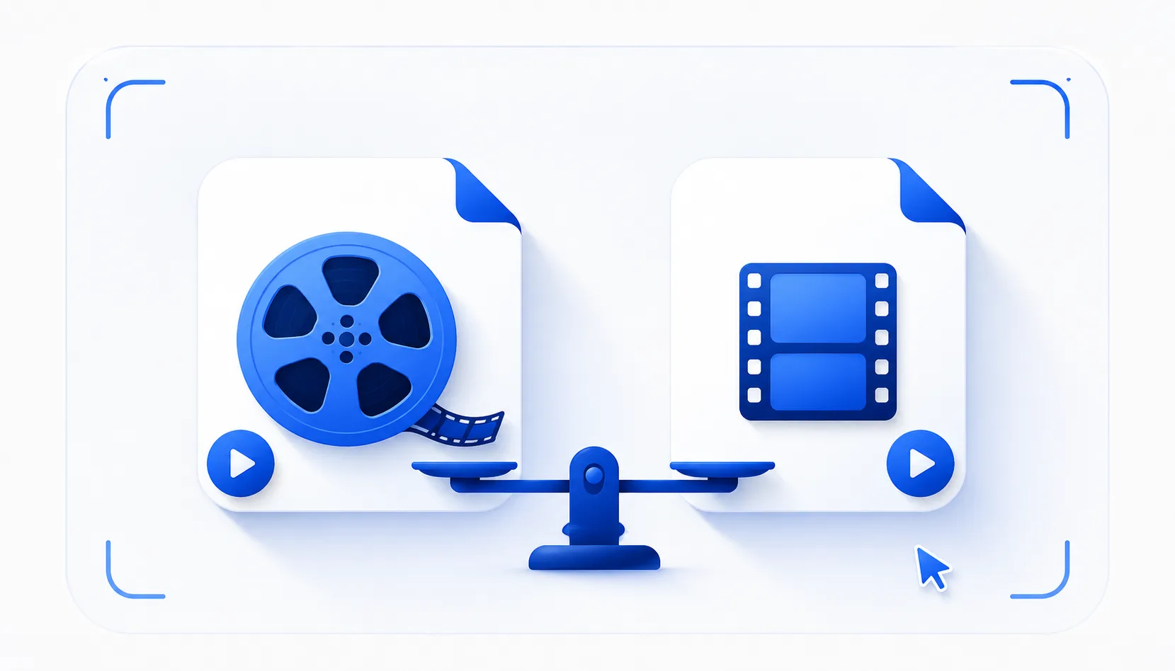 Zwei Videodatei-Karten nebeneinander, eine mit der Beschriftung WebM und eine mit MP4, dazwischen eine Waage.